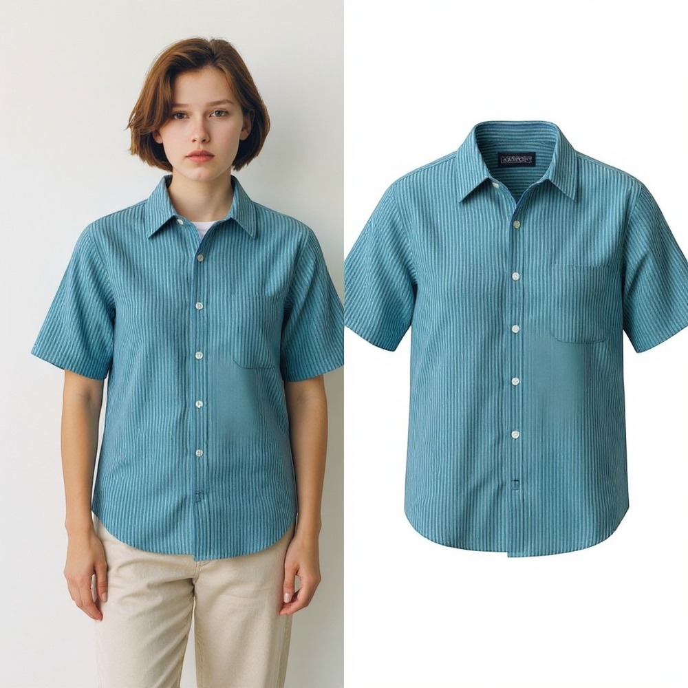 Lands' End Seersucker Shirt Sz 16 Blue Green Womens Striped Button Down Coastal